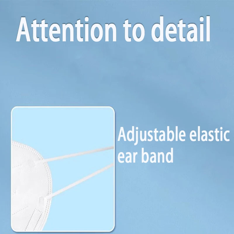 Set of 50 white KN95 masks with 5-layer breathable design, elastic ear loops, and adjustable nose bridge for dustproof daily use.