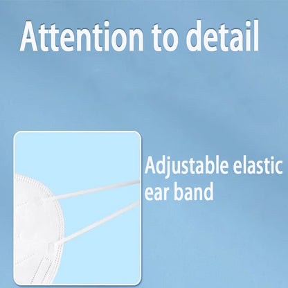 Set of 50 white KN95 masks with 5-layer breathable design, elastic ear loops, and adjustable nose bridge for dustproof daily use.