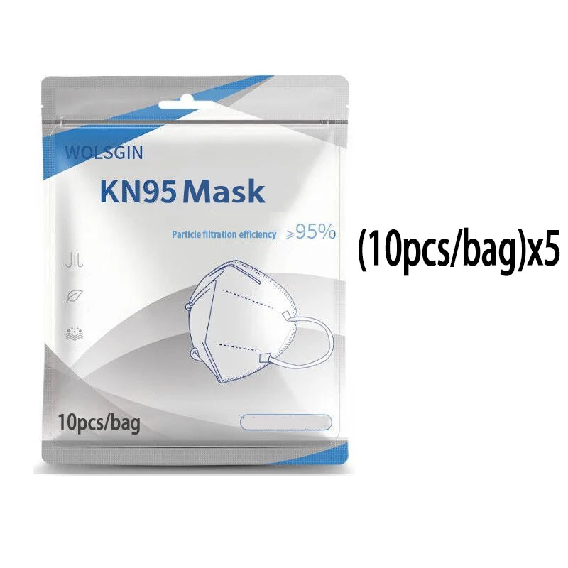 White KN95 masks with elastic earrings and adjustable nose bridge, 5-layer breathable design for dustproof daily use.