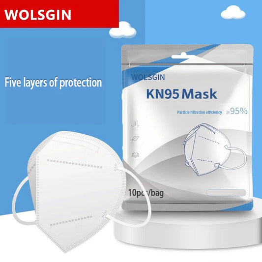 Set of 50 white KN95 masks with 5-layer breathable design, elastic earrings, adjustable nose bridge, dustproof for daily use.