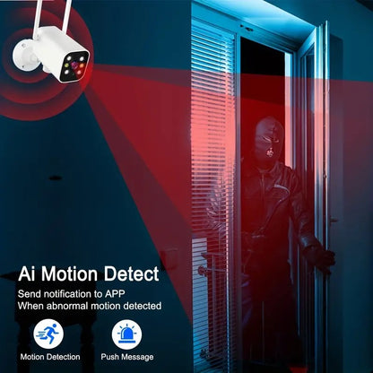 White 1080p WiFi PTZ outdoor security camera with AI detection, featuring dual-frequency 5G connectivity for enhanced surveillance.