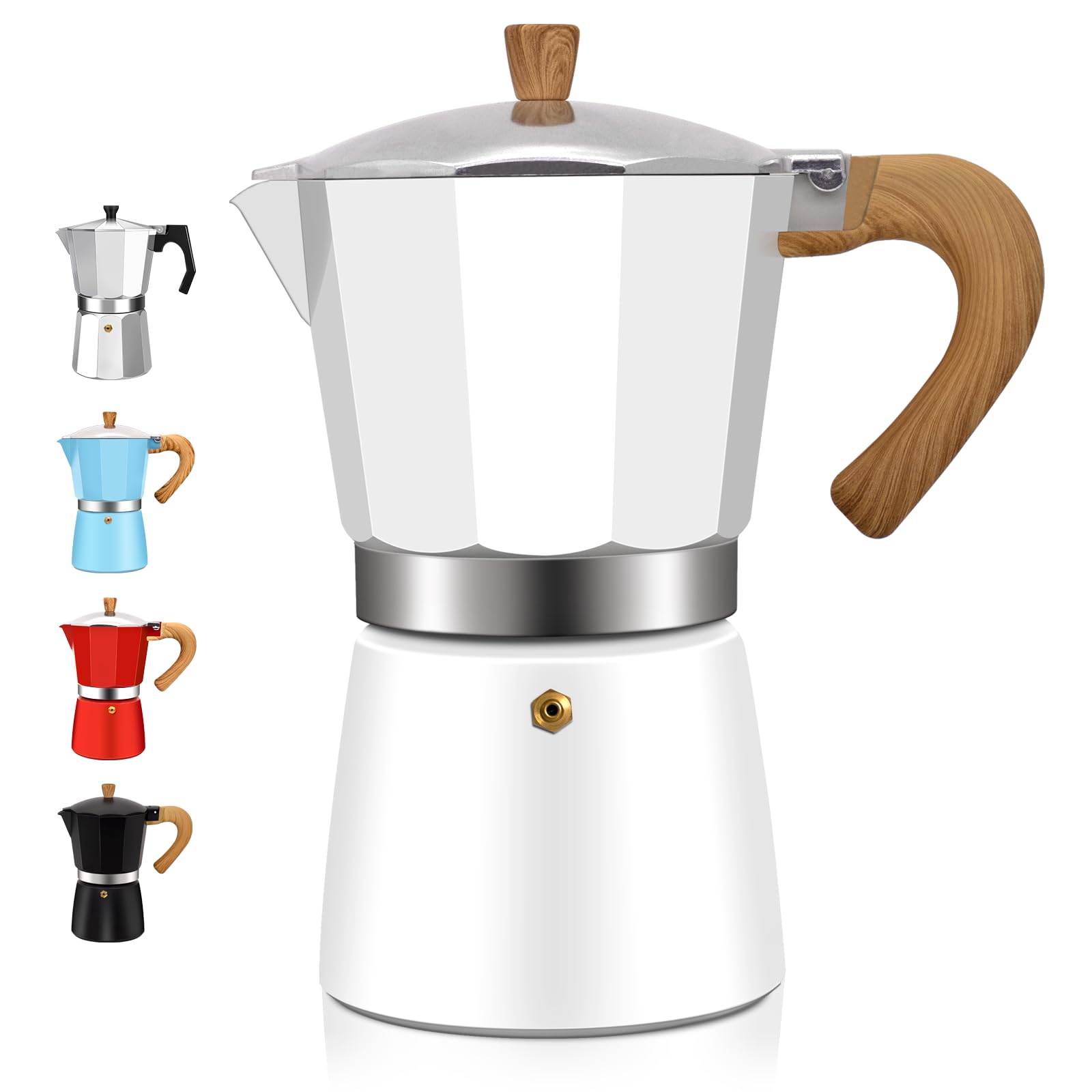 White 6-cup aluminum DITOSH espresso stovetop moka pot for Italian and Cuban coffee, ideal for home and camping brewing.