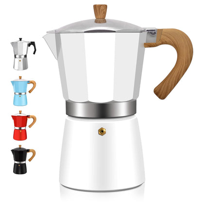 White 6-cup aluminum DITOSH espresso stovetop moka pot for Italian and Cuban coffee, ideal for home and camping brewing.