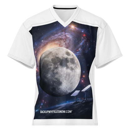 White all-over print American football jersey by BACKUPMYFILESNOW.COM® featuring bold team graphics and athletic design.