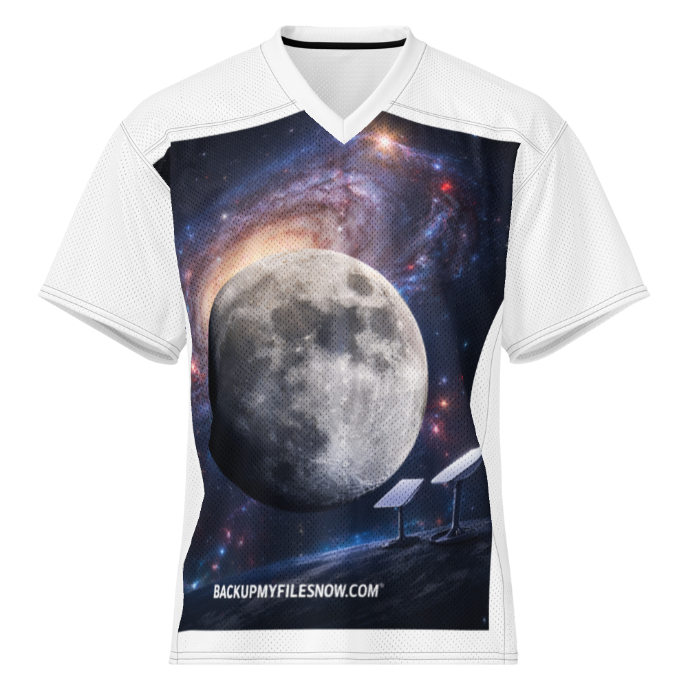White all-over print American football jersey by BACKUPMYFILESNOW.COM® with bold graphics and team numbers in 6XL size.