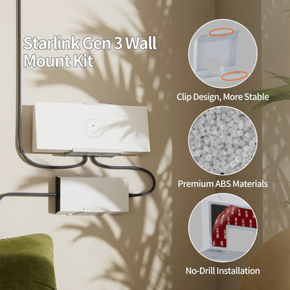 Starlink Gen 3 wall mount bracket for Starlink standard router and power supply, no-drill mounting kit, white finish.