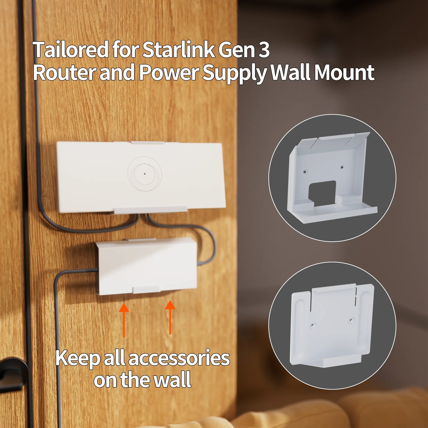 White Starlink Gen 3 wall mount for Starlink standard router and power supply, no-drill mounting kit, compatible with V3 standard.
