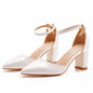 White closed toe ankle strap chunky heel summer party shoes for women, available in 4cm, 7cm, and 9cm heel heights.