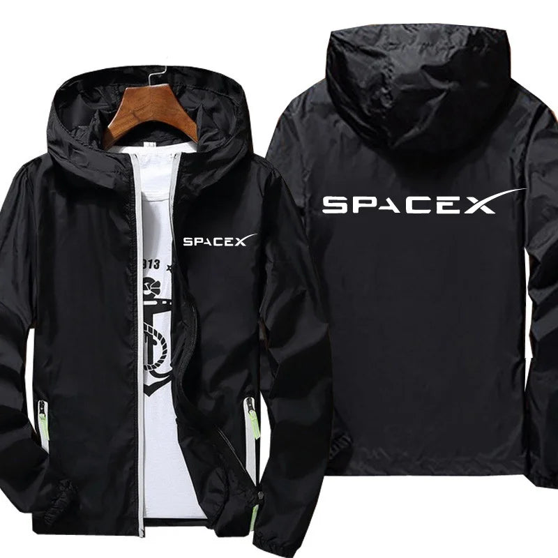 White SpaceX logo hoodie with zipper, oversized fit, casual style, suitable for spring and autumn, with front print and hood.