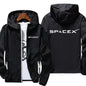 White SpaceX logo hoodie with zipper, oversized fit, casual style, suitable for spring and autumn, with front print and hood.