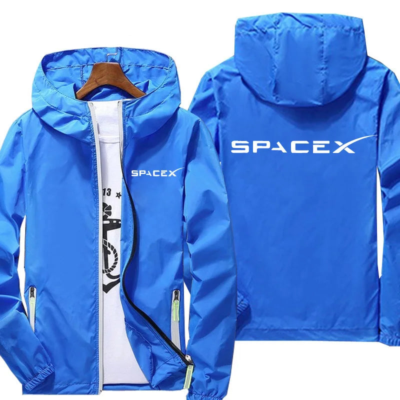 White SpaceX logo hoodie by BACKUPMYFILESNOW.COM® featuring a casual oversized design, zipper front, suitable for spring and autumn.
