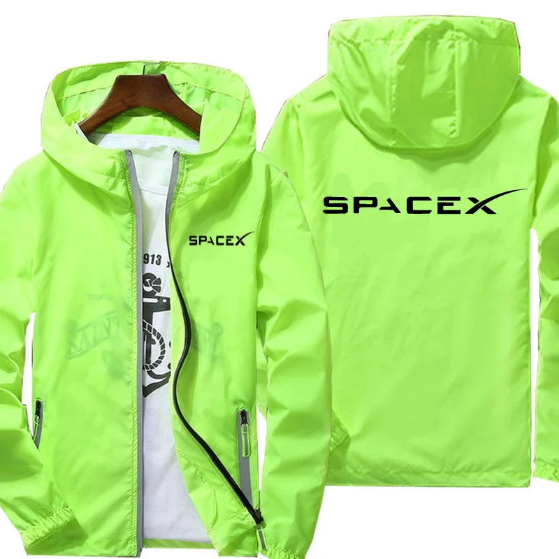 White SpaceX logo hoodie with zipper, oversized fit, casual style, suitable for spring and autumn, featuring a printed SpaceX design.