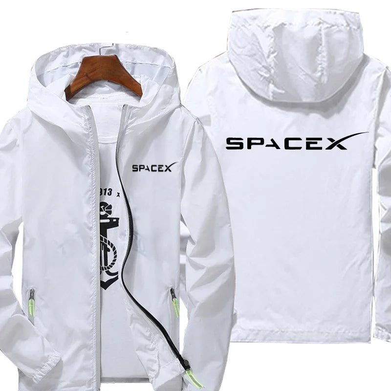 White SpaceX logo hoodie with zipper, oversized fit, casual design, suitable for spring and autumn, featuring printed SpaceX branding.