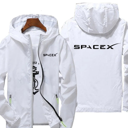 White SpaceX logo hoodie with zipper, oversized fit, casual design, suitable for spring and autumn, featuring printed SpaceX branding.