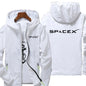White SpaceX logo hoodie with zipper, oversized fit, casual design, suitable for spring and autumn, featuring printed SpaceX branding.