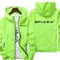 White SpaceX logo hoodie from BACKUPMYFILESNOW.COM®, oversized 7XL, casual spring/autumn hooded cycling jacket with zipper.