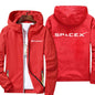 White SpaceX logo hoodie by BACKUPMYFILESNOW.COM® featuring a casual, oversized zipper jacket with a hood, perfect for spring and autumn.