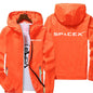 White SpaceX logo hoodie with oversized fit, front zipper, casual design, suitable for spring and autumn, by BACKUPMYFILESNOW.COM®