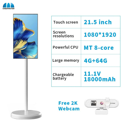 21.5-inch 4K Android 13 Smart TV with stand, touchscreen, 4GB/6GB RAM, 64GB/128GB storage, outdoor viewing capability.