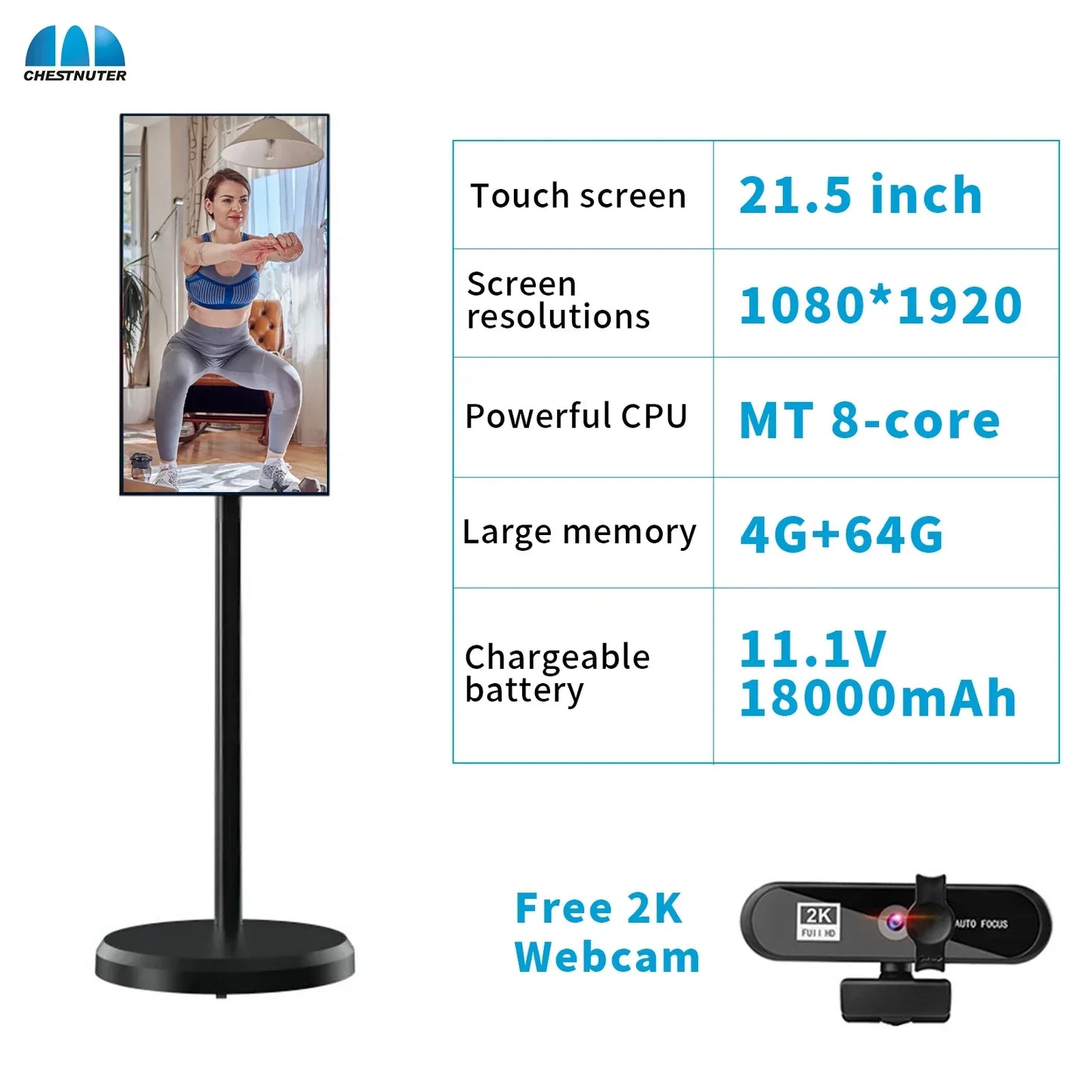 21.5 inch 4K smart TV with stand and battery, Android 13, touchscreen, available in 4GB+64GB and 6GB+128GB versions.