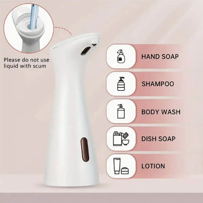 White automatic sensor hand sanitizer, dish soap, and body wash dispenser with smart distance sensing for kitchen and bathroom use.
