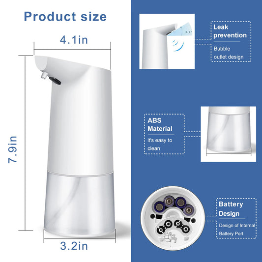 White automatic soap dispenser by BackupMyFilesNow.com with touchless operation, infrared sensor, and waterproof IPX6 design.