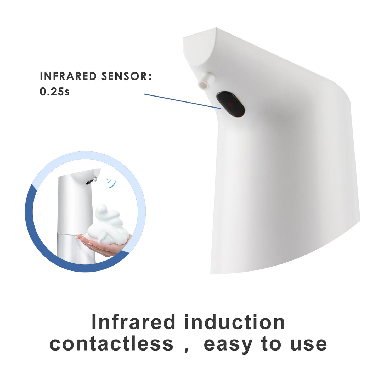 White automatic soap dispenser by BackupMyFilesNow.com with touchless operation, infrared sensor, and IPX6 waterproof design.