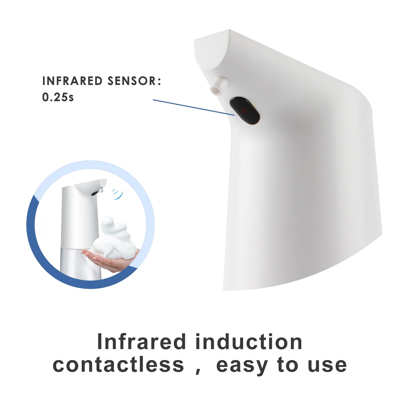 White automatic soap dispenser by BackupMyFilesNow.com with touchless operation, infrared sensor, and IPX6 waterproof design.