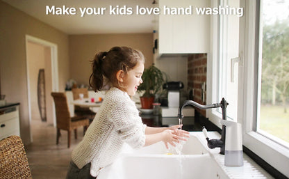 White automatic soap dispenser with infrared motion sensor, touchless operation, countertop design, waterproof IPX6 for hygienic use.