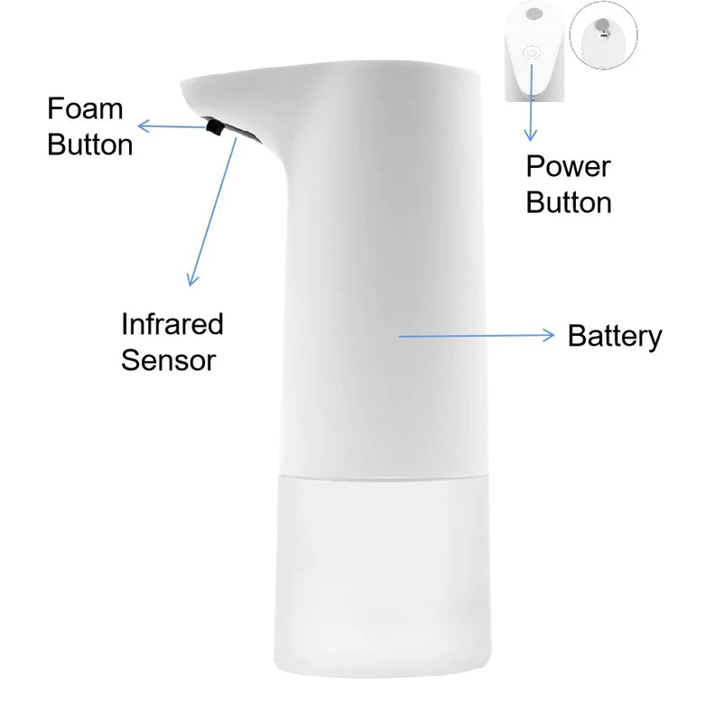 White automatic soap dispenser with infrared motion sensor, waterproof IPX6, touchless countertop design.