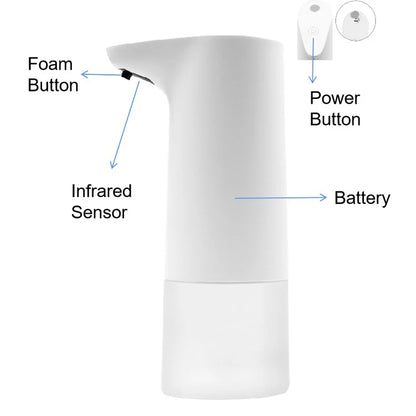 White automatic soap dispenser with infrared motion sensor, waterproof IPX6, touchless countertop design.