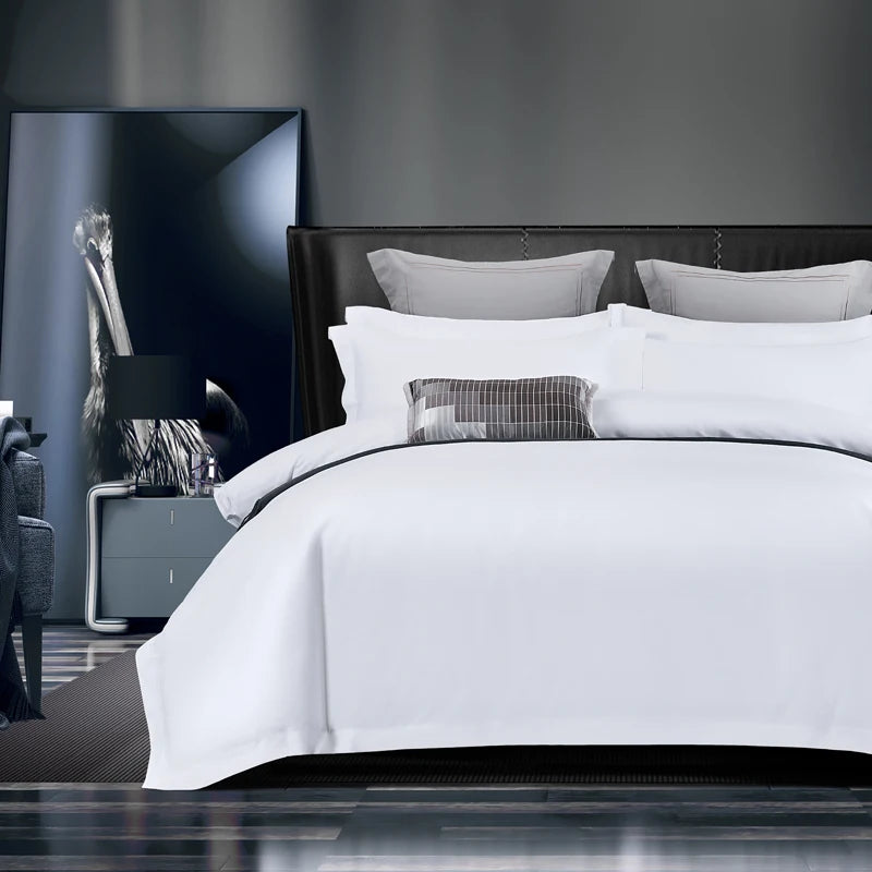 White bedding set for 5-star hotels including duvet cover, sheets, and pillowcases in double, queen, and king sizes.