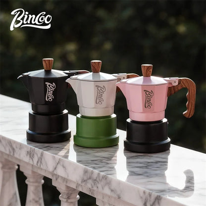 White and black BINCOO three-valve Moka pot for espresso brewing, compact home coffee maker, available in 1 or 2 cup sizes.