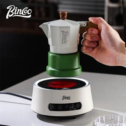 White and black BINCOO three-valve Moka pot for home mini espresso brewing, available in 1 or 2 cup sizes, ideal for coffee enthusiasts.