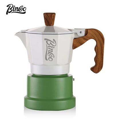 White and black BINCOO three-valve Moka pot for espresso, compact coffee maker for 1 or 2 cups, ideal for home brewing.