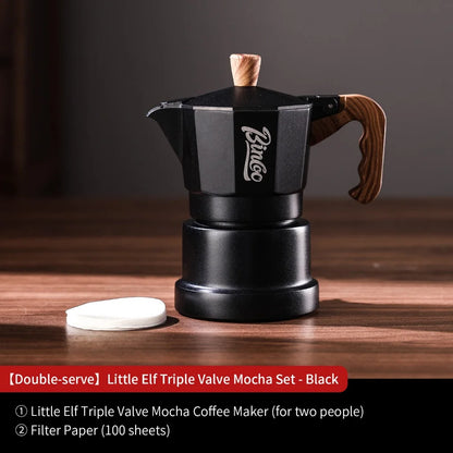 White and black BINCOO three-valve Moka pot set for home mini espresso coffee brewing, available in 1 or 2 cup sizes.