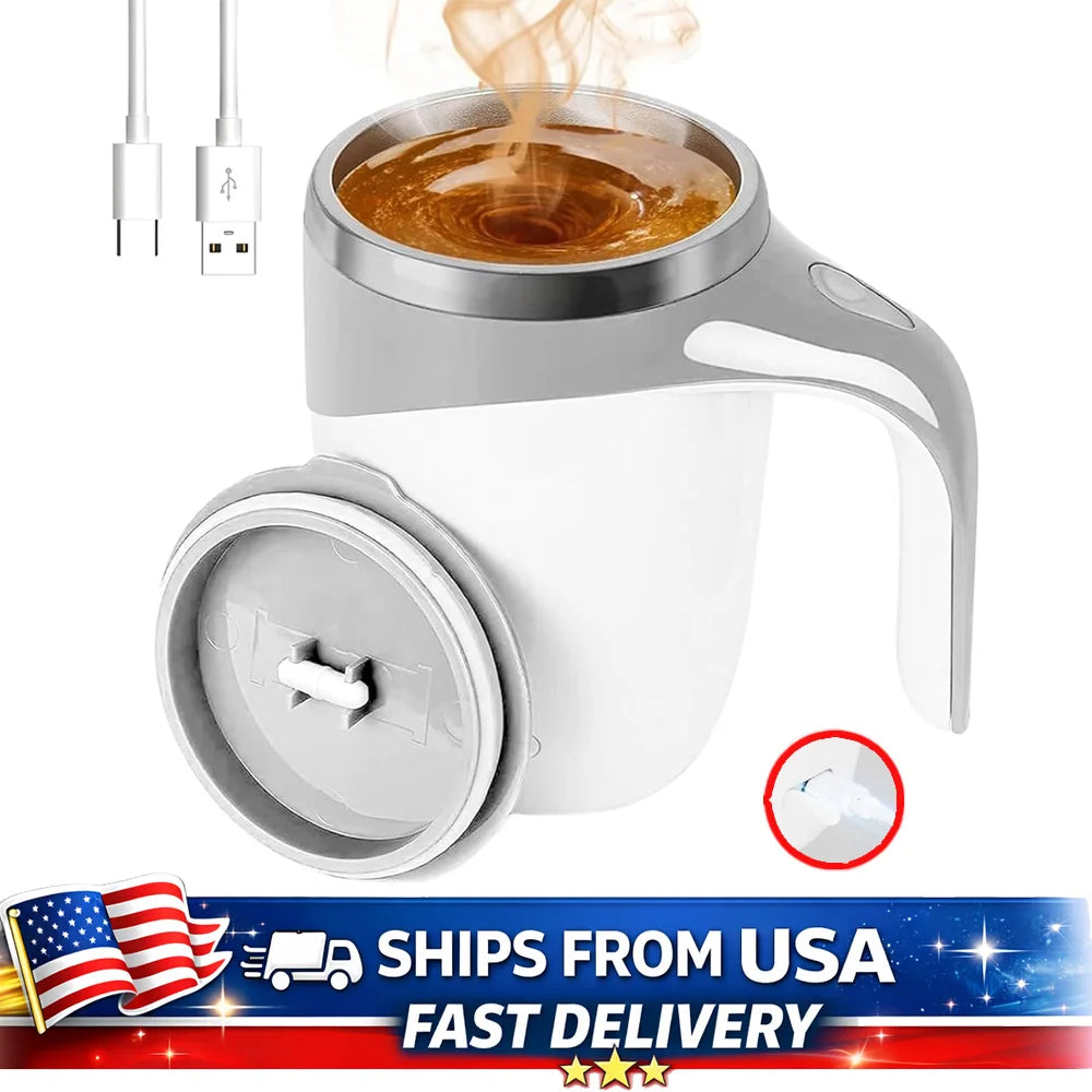 White stainless steel self-stirring coffee mug with rechargeable magnetic stirring mechanism and modern design for hot drinks.