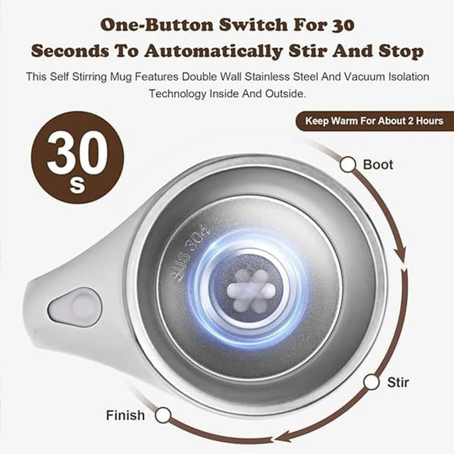 White stainless steel self-stirring coffee mug with rechargeable magnetic stirring mechanism, ideal for coffee, tea, and hot drinks.