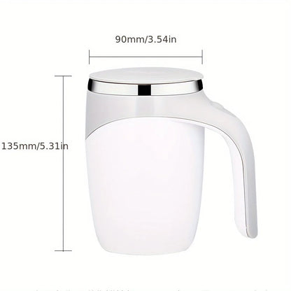White stainless steel self-stirring coffee mug with rechargeable magnetic stirring mechanism for coffee, tea, or hot drinks.
