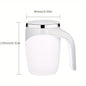 White stainless steel self-stirring coffee mug with rechargeable magnetic stirring mechanism for coffee, tea, or hot drinks.