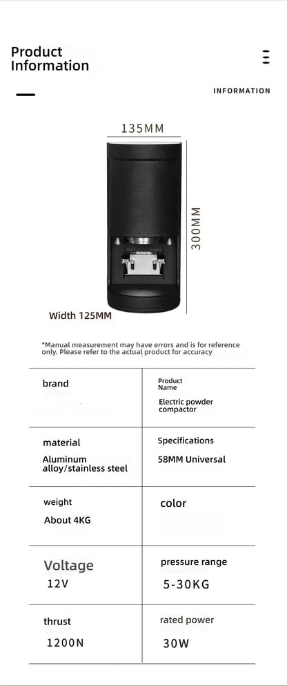 White HomeWise TE-2 58mm automatic electric coffee tamper with touchscreen, adjustable settings, designed for espresso machines.