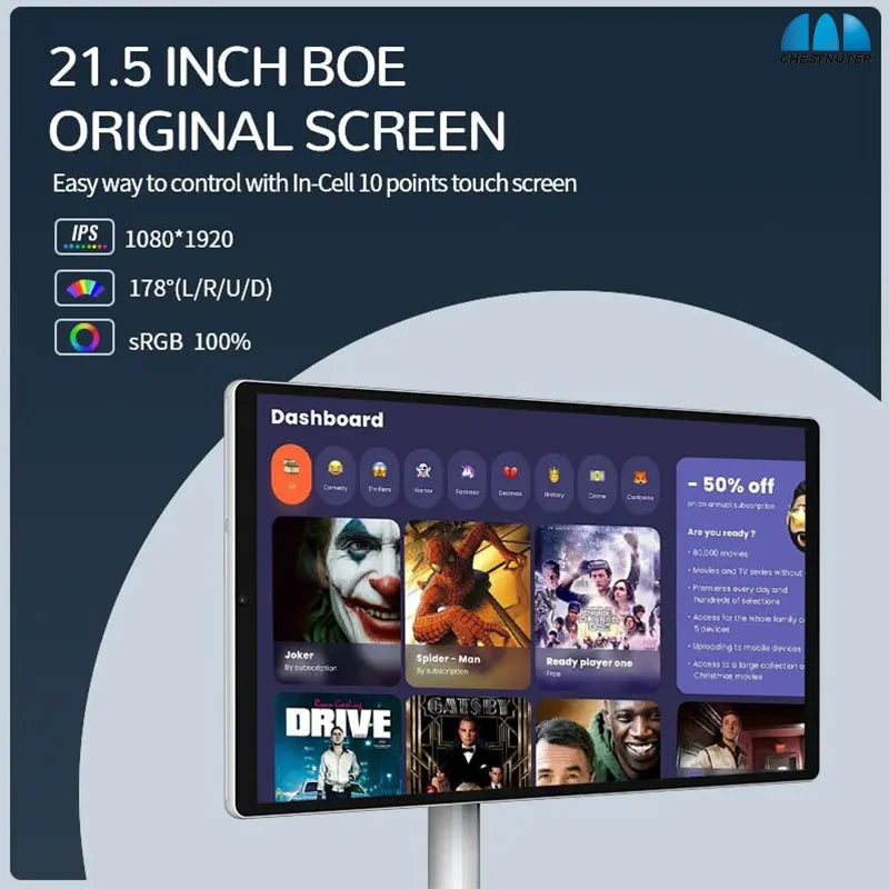 BackupMyFilesNow 21.5-inch multi-functional smart display with touch screen, LCD monitor, portable design, Android 12 interface.