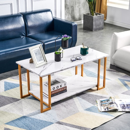White two-layer coffee table with 1.5cm thick marble MDF rectangle tabletop and iron frame, modern home furniture.