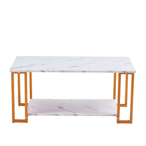 White two-layer coffee table with 1.5cm thick marble MDF tabletop and iron frame, modern rectangular design.