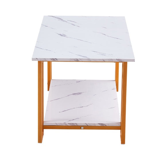White coffee table with two-layer design, 1.5cm thick marble MDF rectangle tabletop and iron frame for modern living room decor.