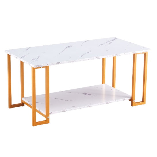 White coffee table with 2-layer marble and MDF rectangle tabletop, iron frame, 1.5cm thick for modern living room decor