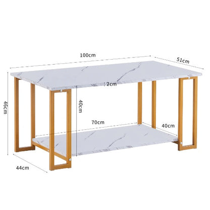 White rectangular coffee table with two layered surfaces, 1.5cm thick marble MDF top and iron frame, modern design.