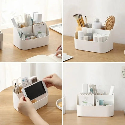 White plastic desk storage box with compartments for office supplies, cosmetics, and desktop organization.
