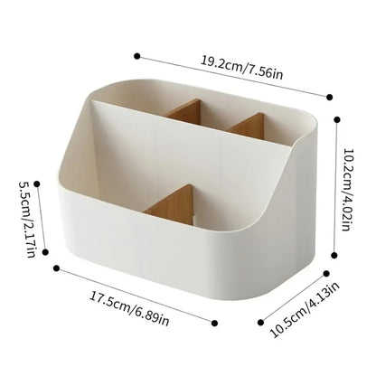 White plastic desk storage box for office supplies, makeup, and cosmetics, with divided compartments for organization.