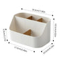 White plastic desk storage box from BackupMyFilesNow.com, ideal for office supplies, makeup, and cosmetics with dividing compartments.